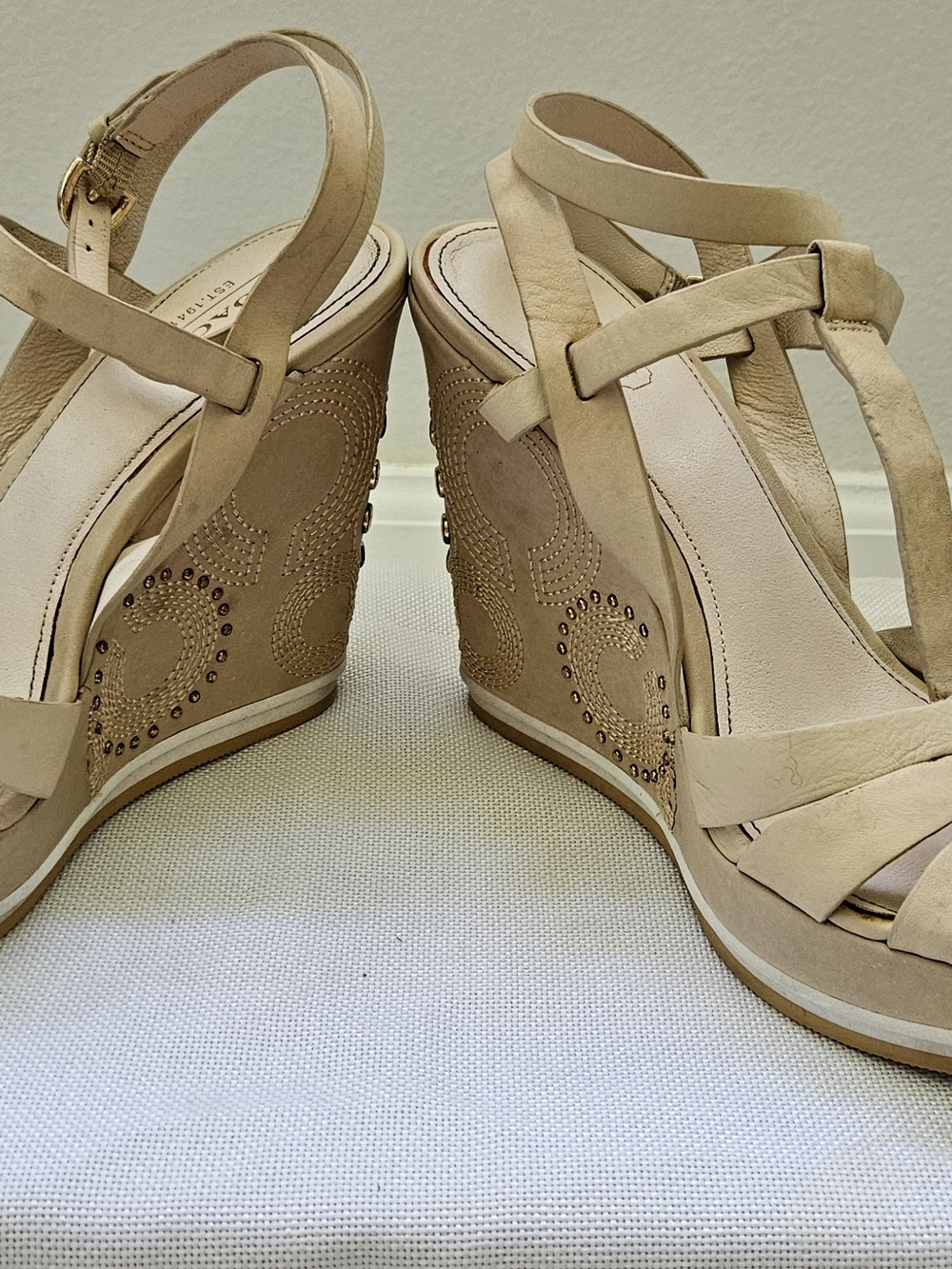 Coach Beige/Tan Studded Wedge Sandals